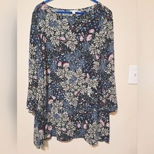 NWOT J. Jill women's large black floral boho tunic top bell sleeves rayon